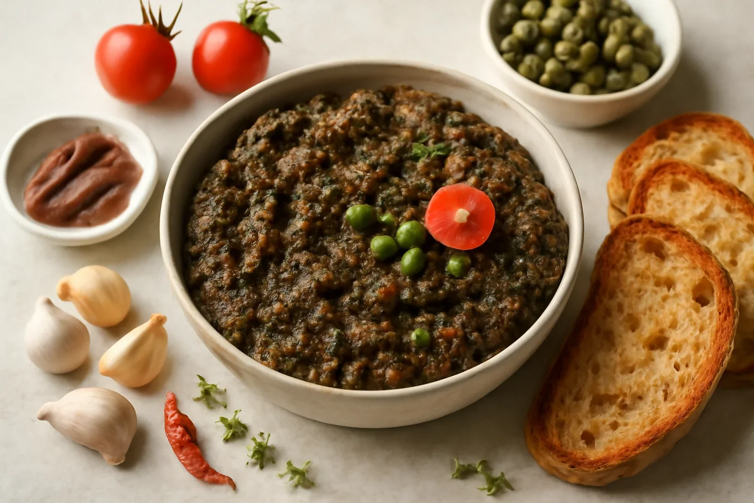 Tapenade – rețeta de pastă de măsline negre și verzi cu usturoi și capere