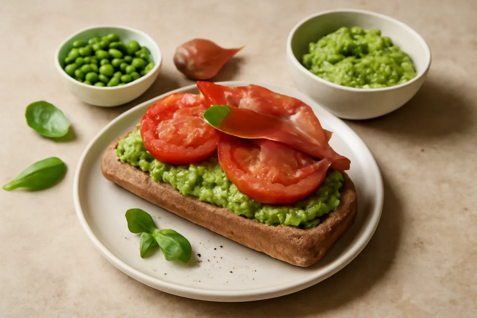 Sandwich cu șuncă și dip de mazăre