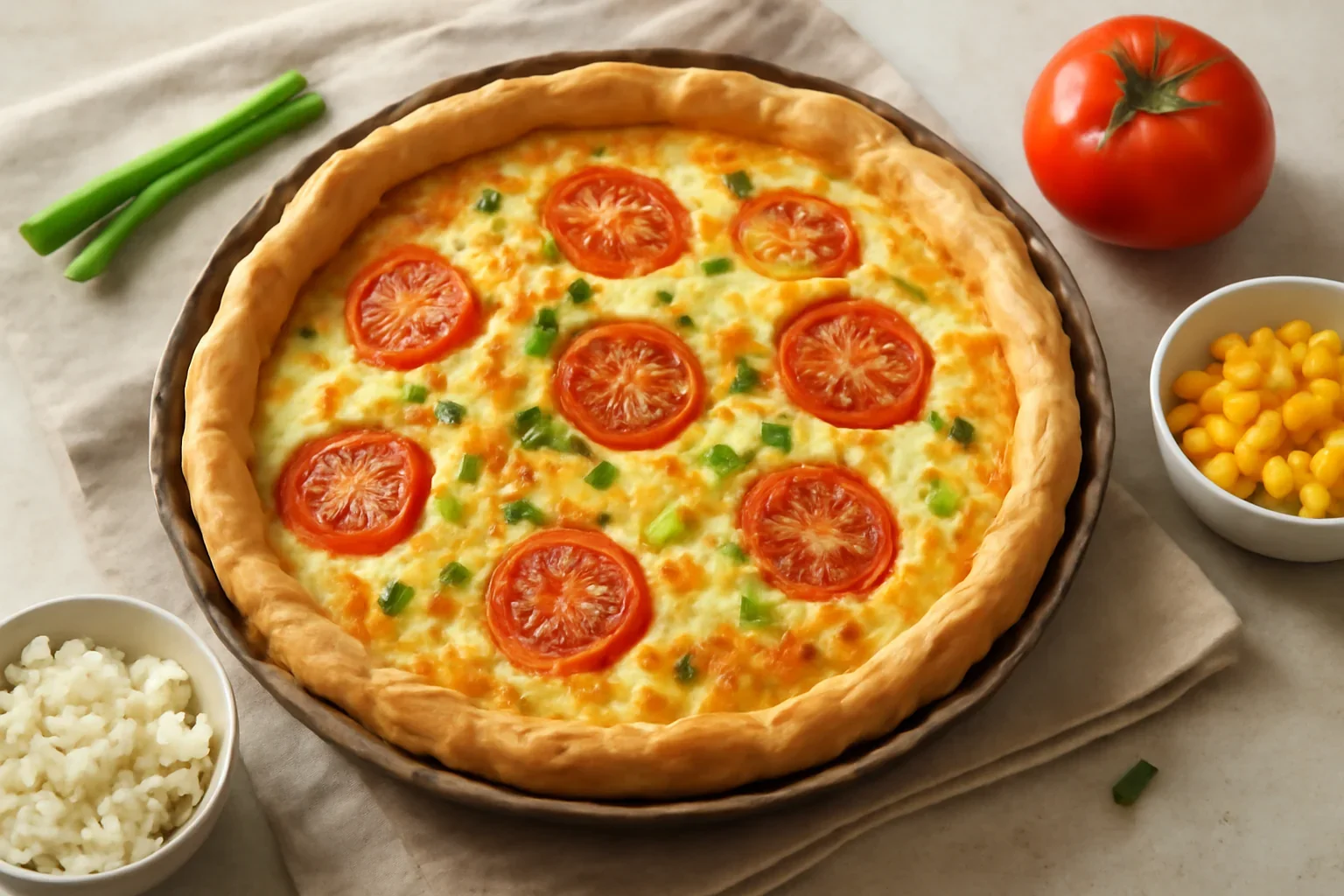 Tarta cu branzeturi, porumb si rosii