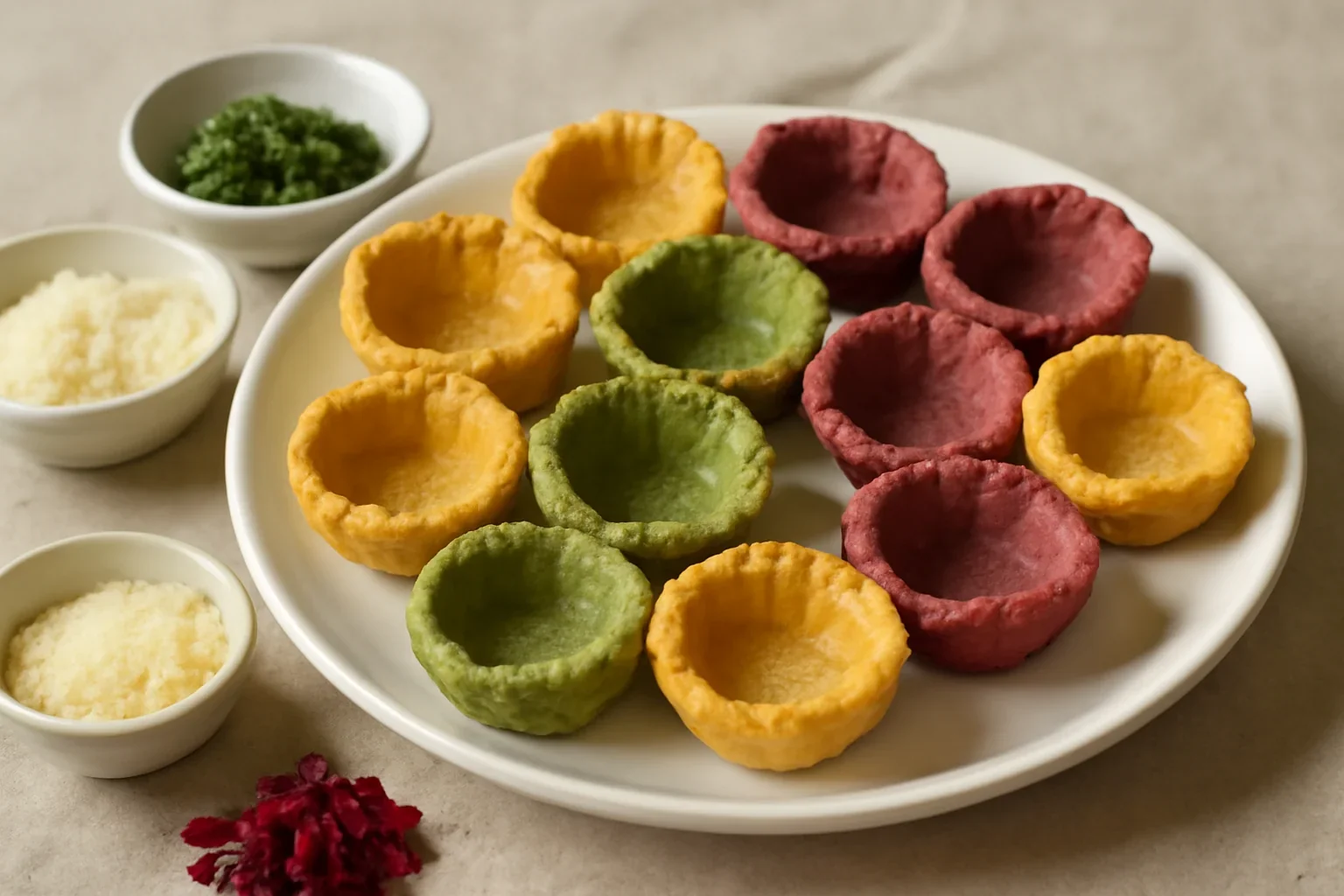 Coji de tartă sărate, albe sau colorate natural cu spanac și sfeclă – coșulețe fragede pentru mini tarte aperitiv