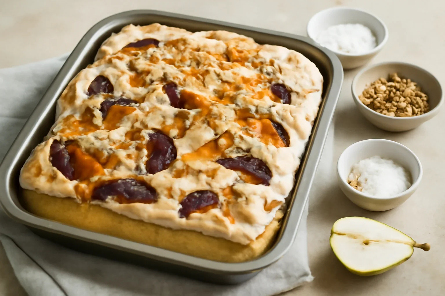 Prăjitură cu bezea și fructe (prune, piersici, mere, pere) – pe blat pufos