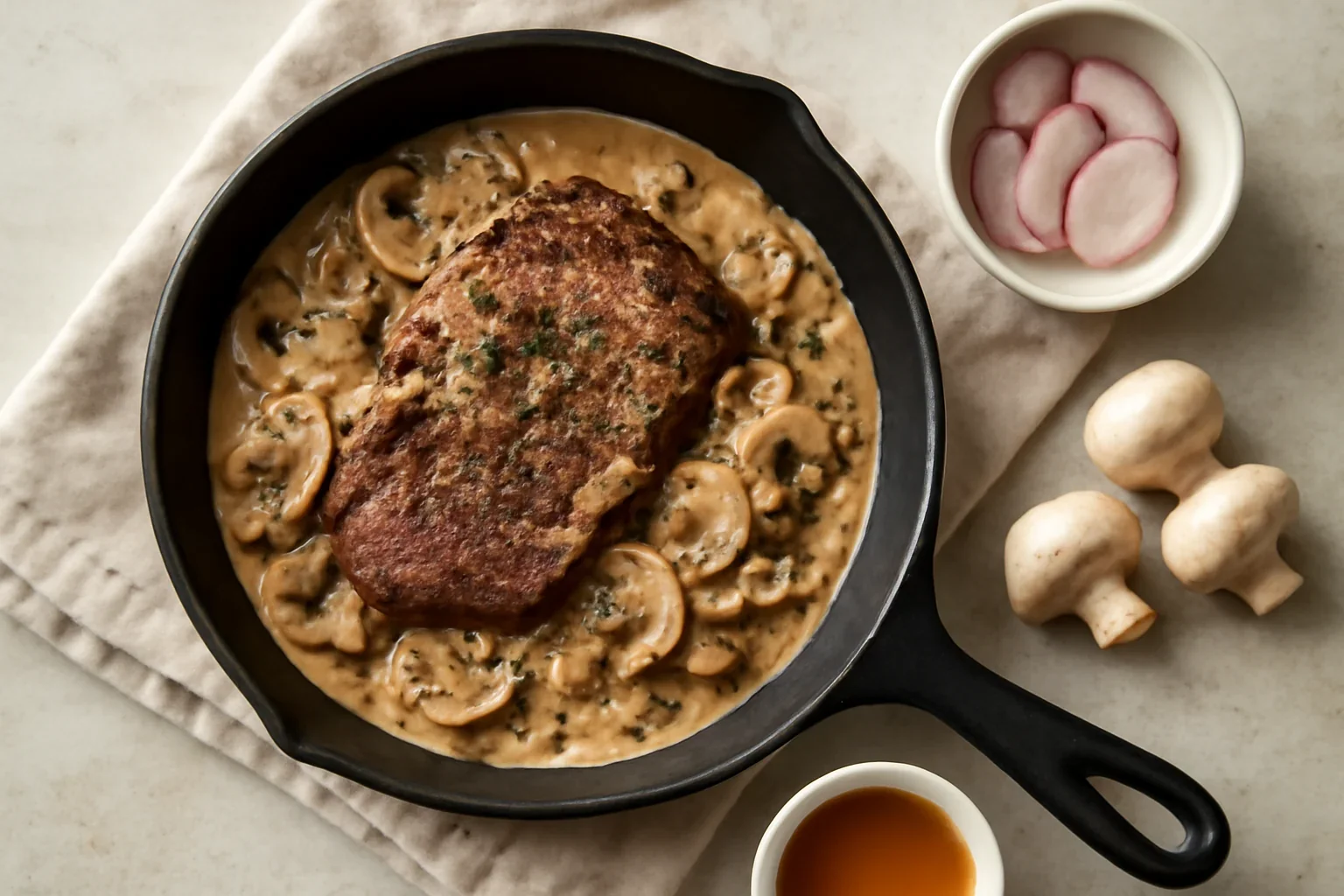 Friptura de vita la tigaie cu sos de ciuperci – Steak Diane