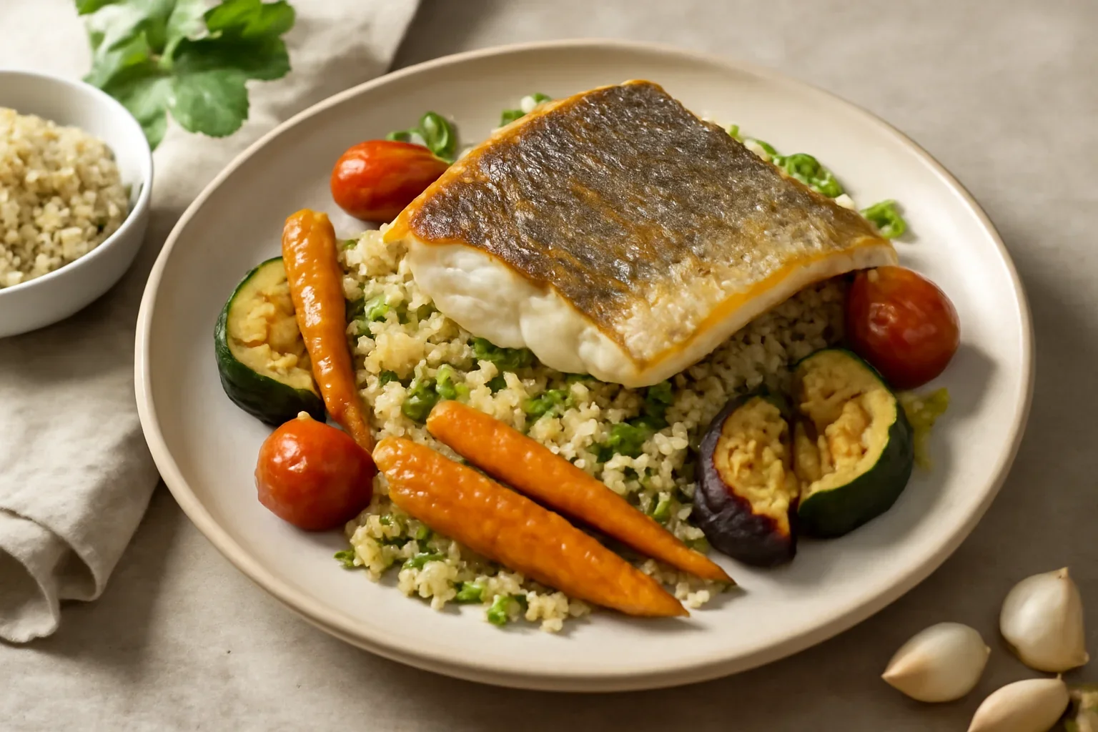 Biban de mare cu garnitură de quinoa și legume – o cină rapidă și gustoasă