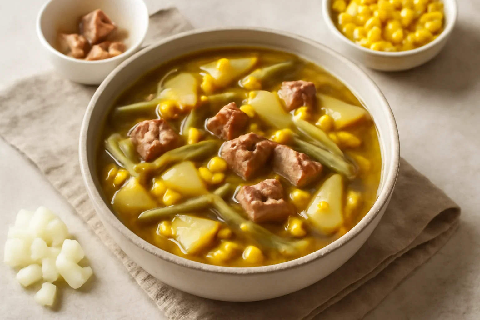 Ciorba de fasole verde pastai cu afumatura si porumb