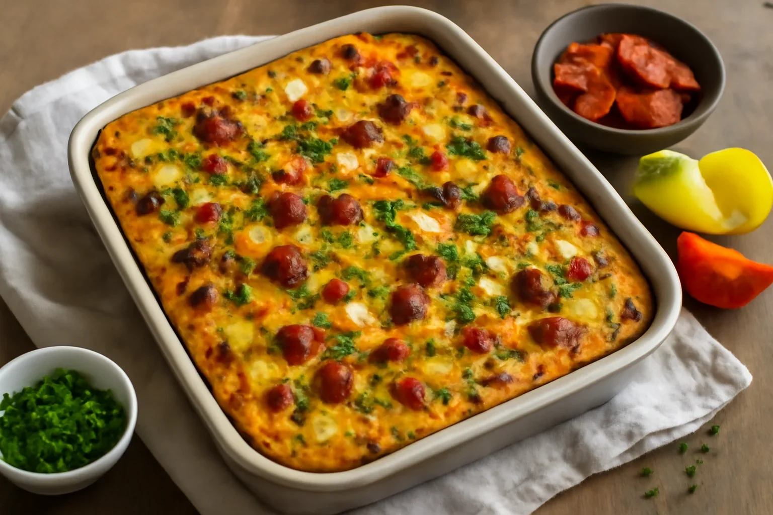 Omletă la cuptor cu brânză, cârnați, legume și cartofi – rețeta spaniolă de tortilla al horno
