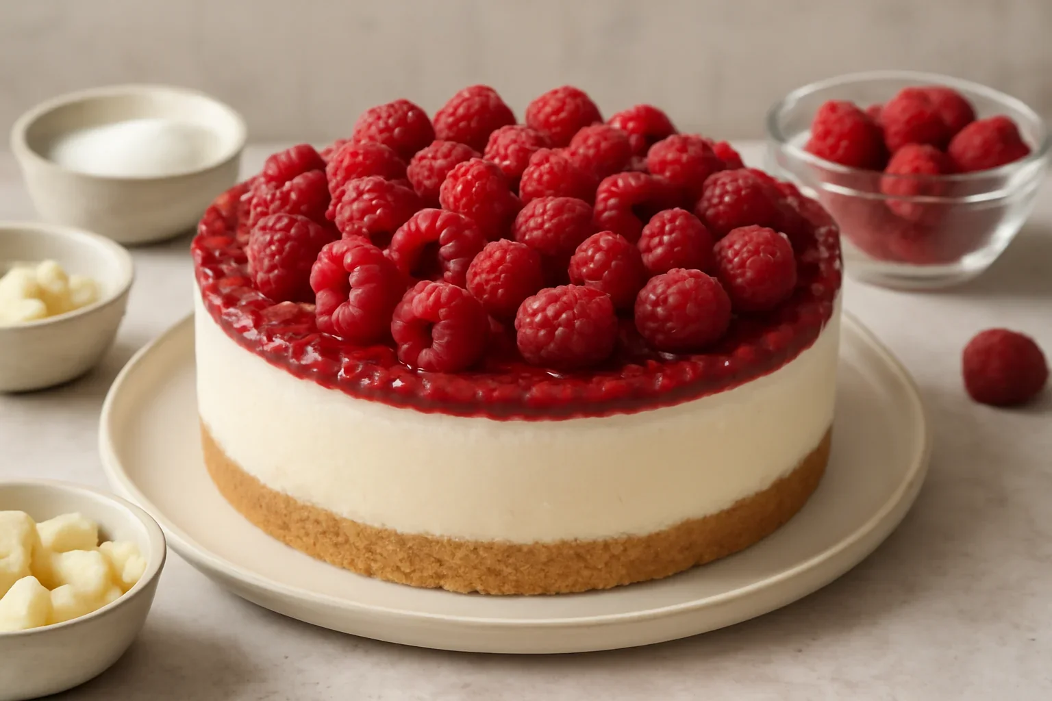 Cheesecake fara coacere cu ciocolata alba si zmeura