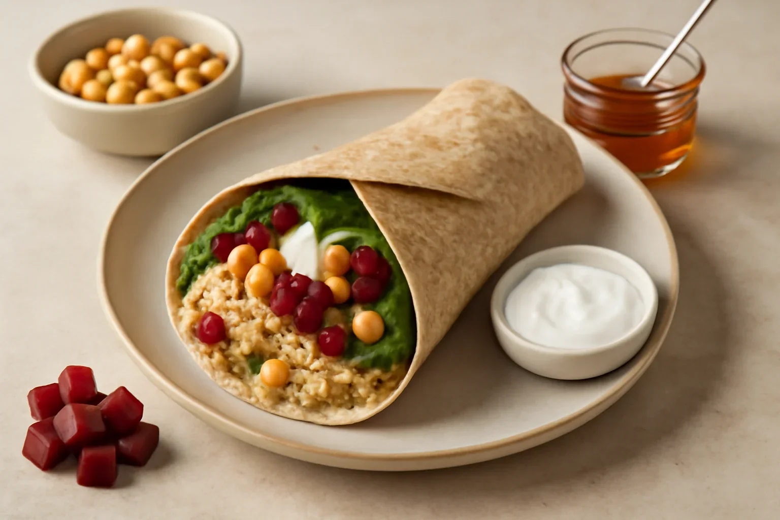 Wrap cu quinoa, sfeclă și dressing cu miere