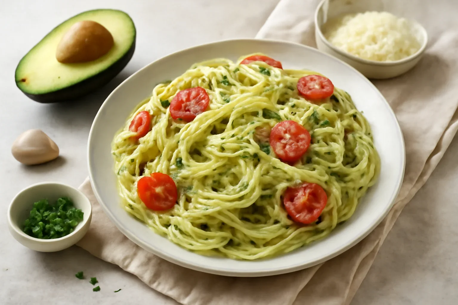 Paste cu avocado – spaghetti cu sos cremos cu usturoi și parmezan
