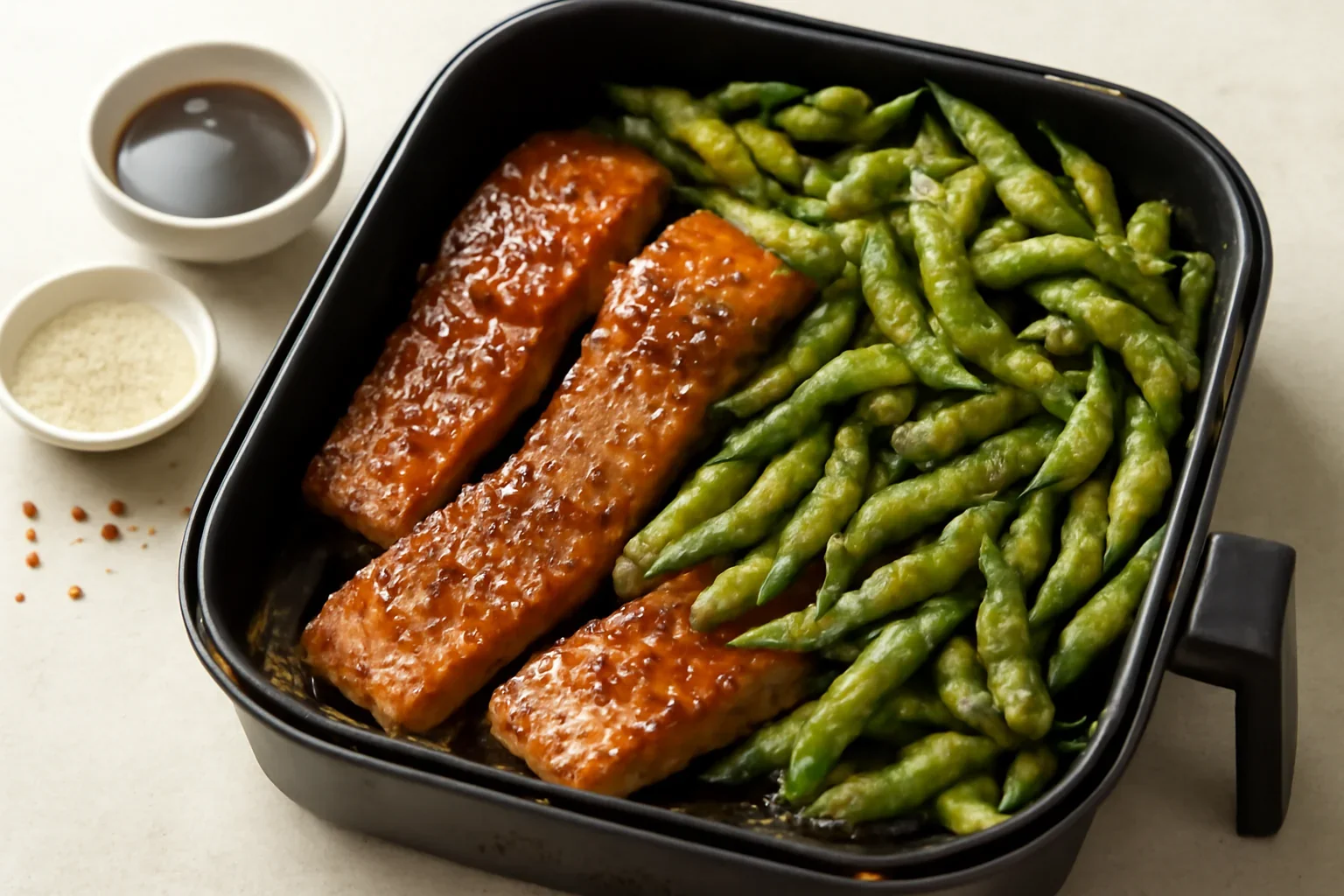Somon teriyaki si edamame pastai la airfryer Breville