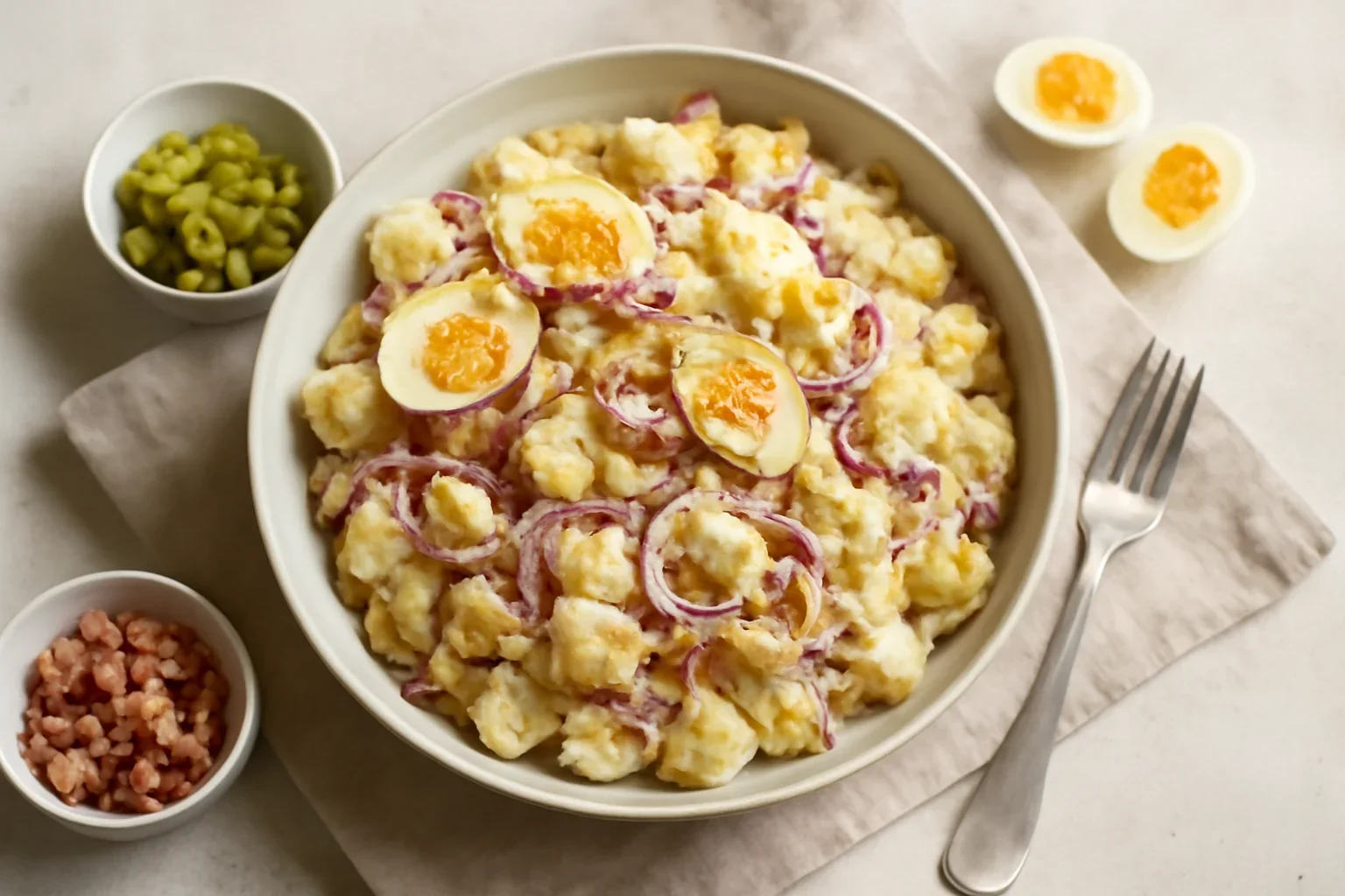 Salată ungurească de cartofi cu ouă, castraveți murați și șuncă afumată (bacon, kaiser)