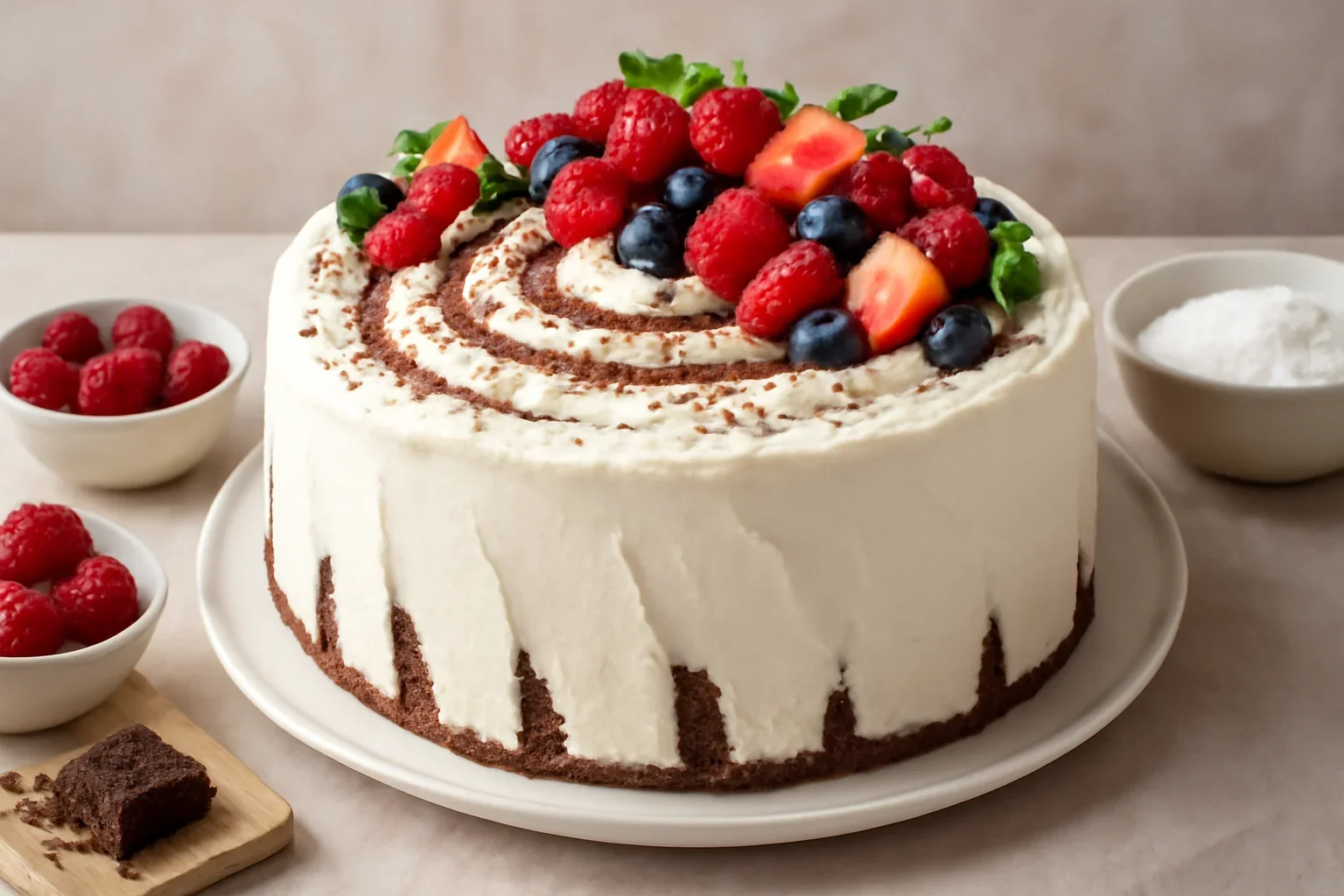 Tort spirală cu mascarpone și fructe – tort cu blaturi verticale