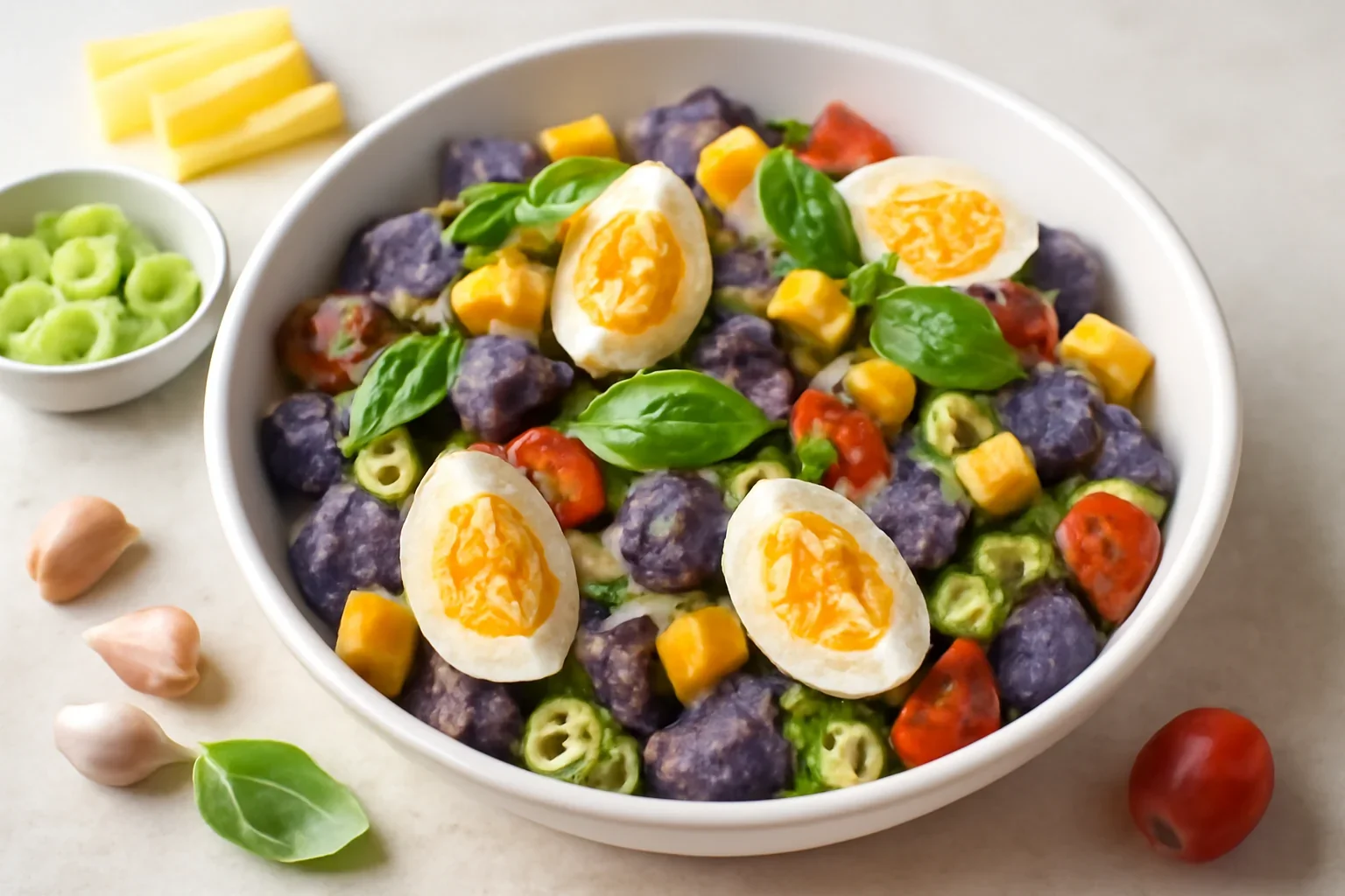 Salată de cartofi violet cu ouă fierte, cheddar, roșii, praz și dressing cu usturoi