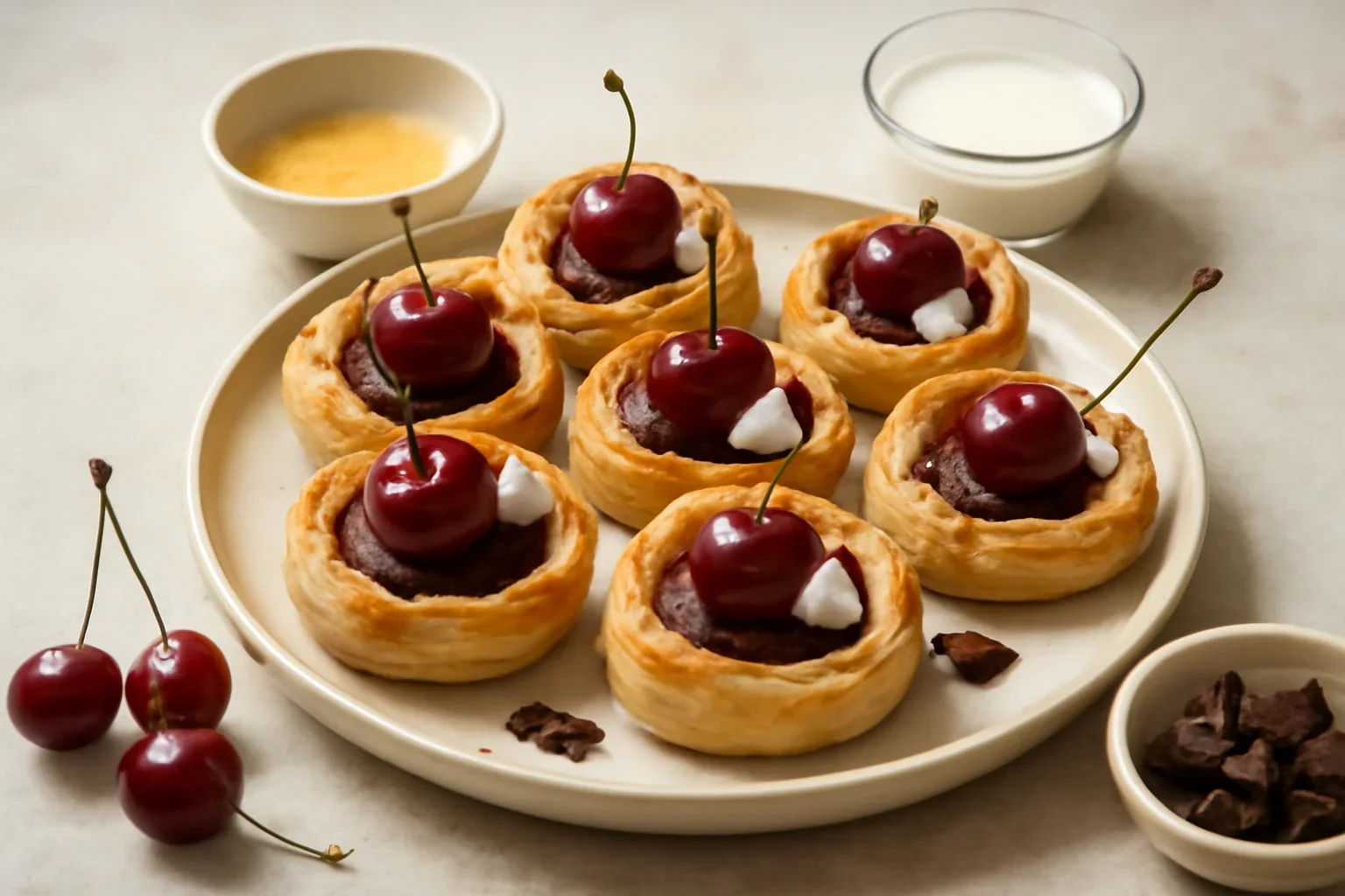 Mini tarte din foietaj cu cirese si ciocolata – cosulete cu cirese sau visine