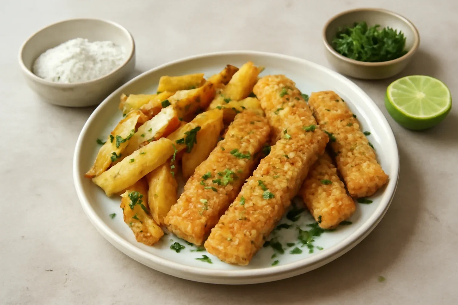 Degete de cod cu cartofi prăjiți la cuptor cu mentă