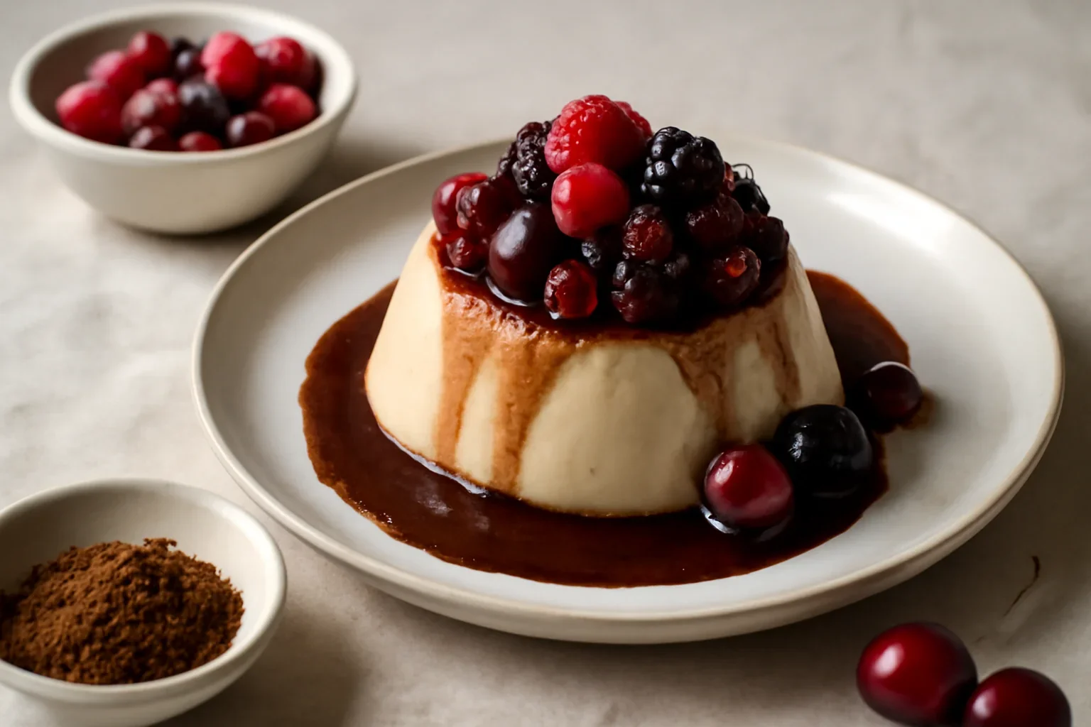 Panna cotta cu cirese, fructe de padure si cacao, un desert italian