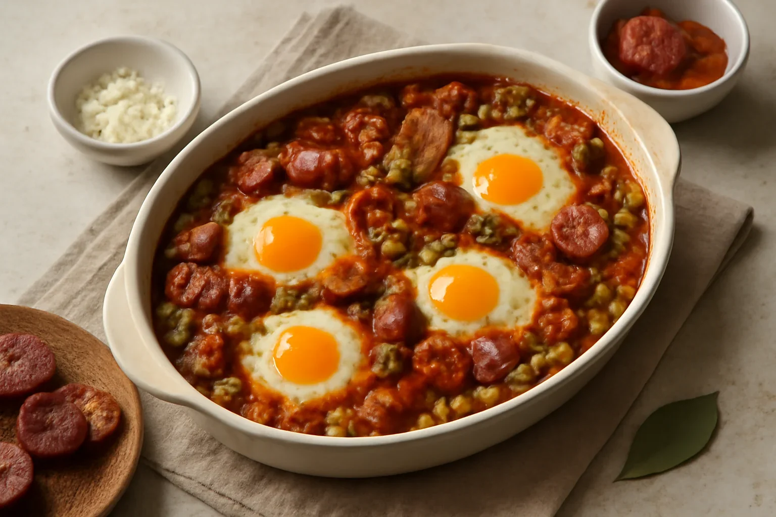 Mazare cu chorizo si oua la cuptor