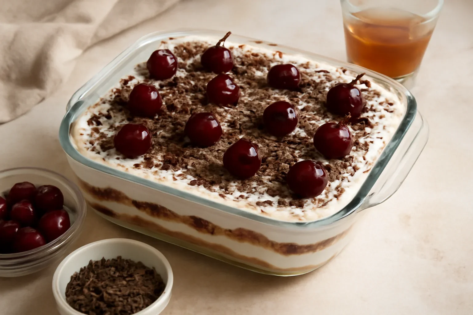 Tiramisu cu vișine sau cireșe, fulgi de ciocolată și vișinată sau lichior Amaretto