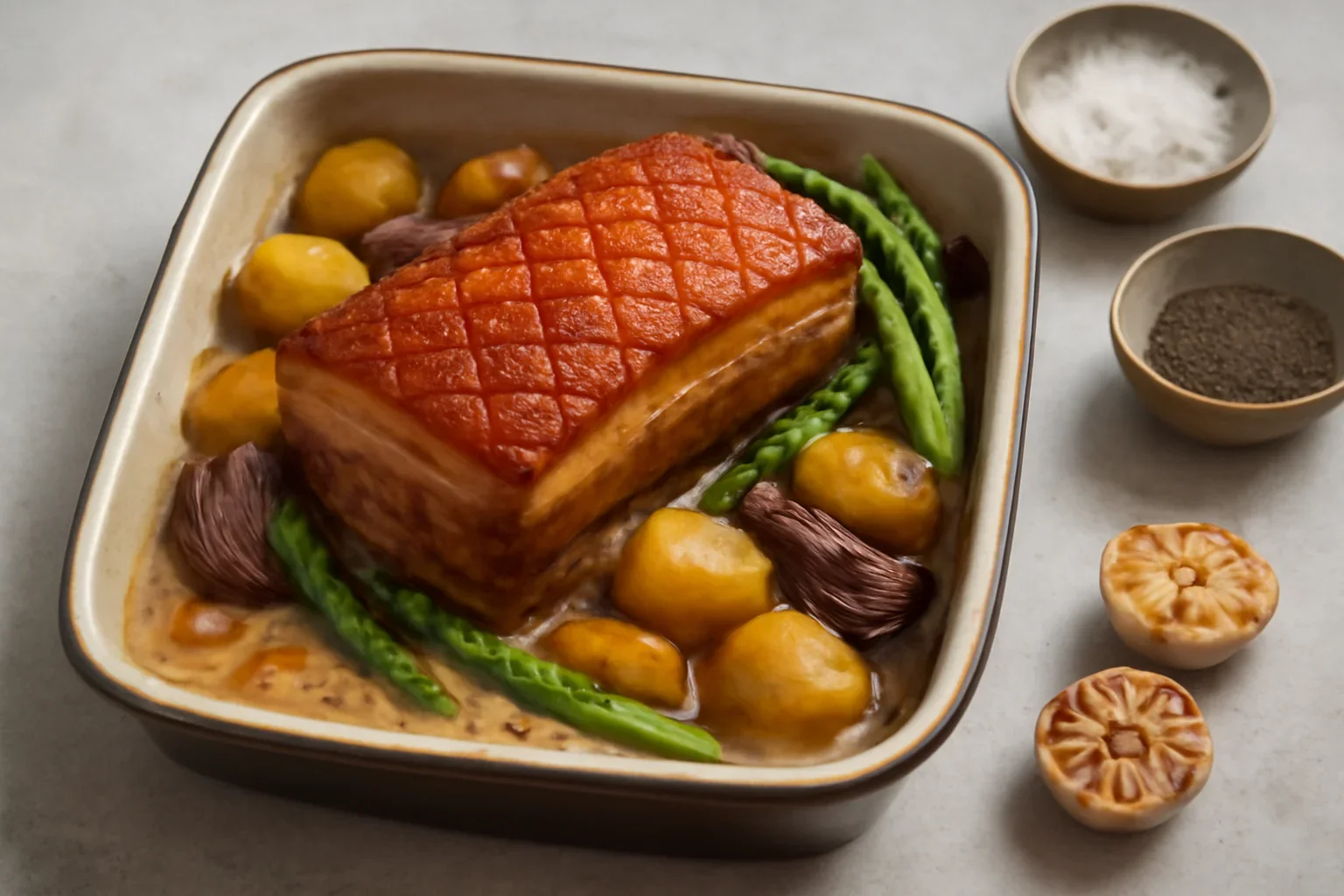 Piept de porc cu șorici crocant și sos de usturoi copt, caramelizat
