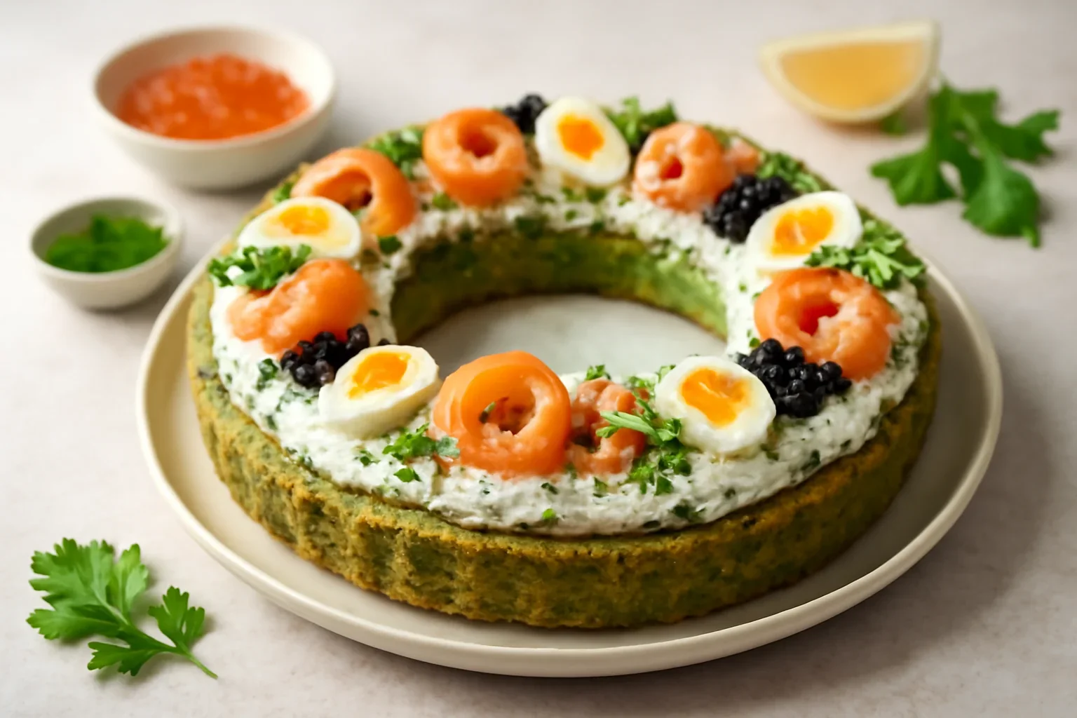 Coroniță aperitiv cu somon afumat, cremă de brânză, icre negre și roșii