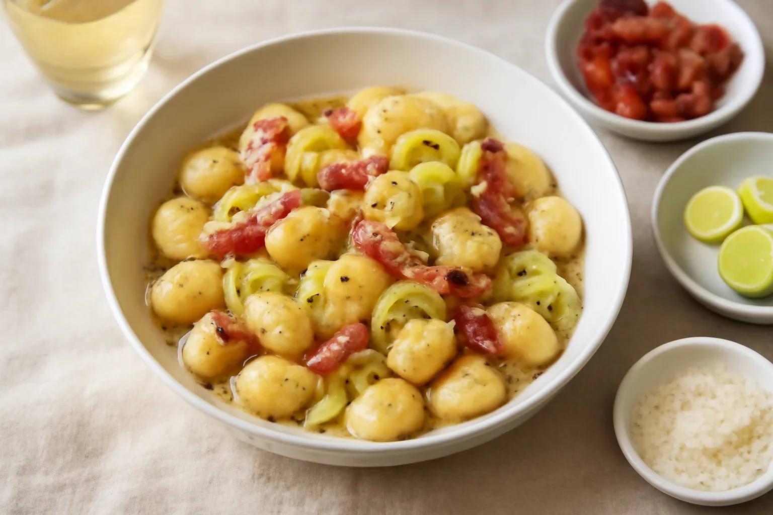 Gnocchi din cartofi cu speck si praz