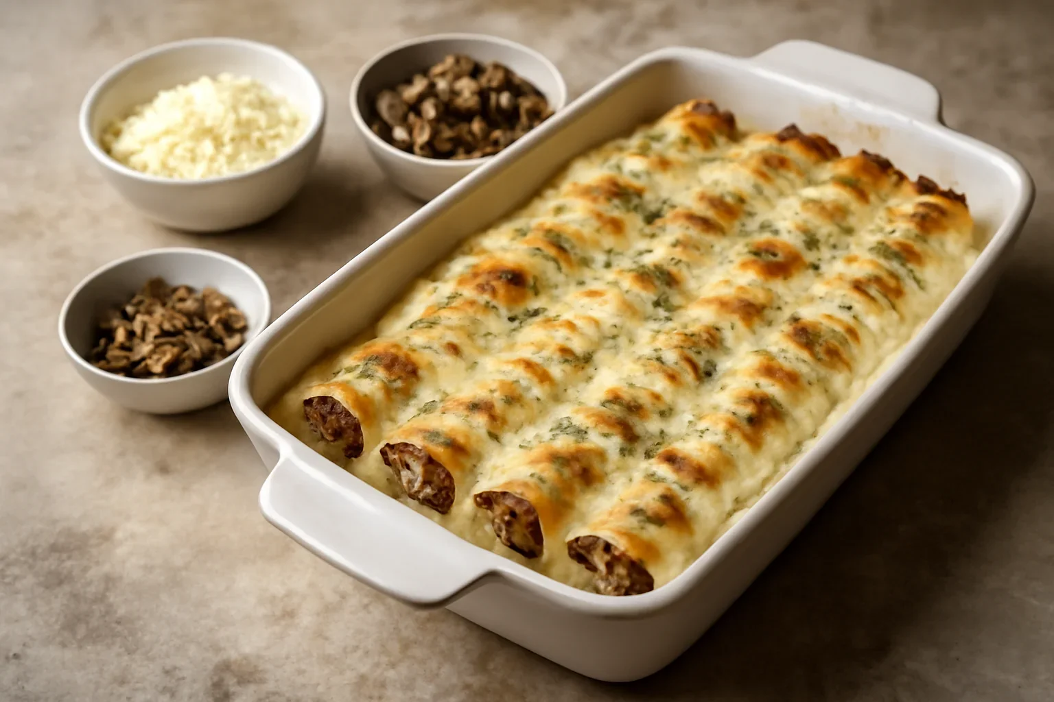 Cannelloni umpluti cu carne, ciuperci si sos de branza gorgonzola
