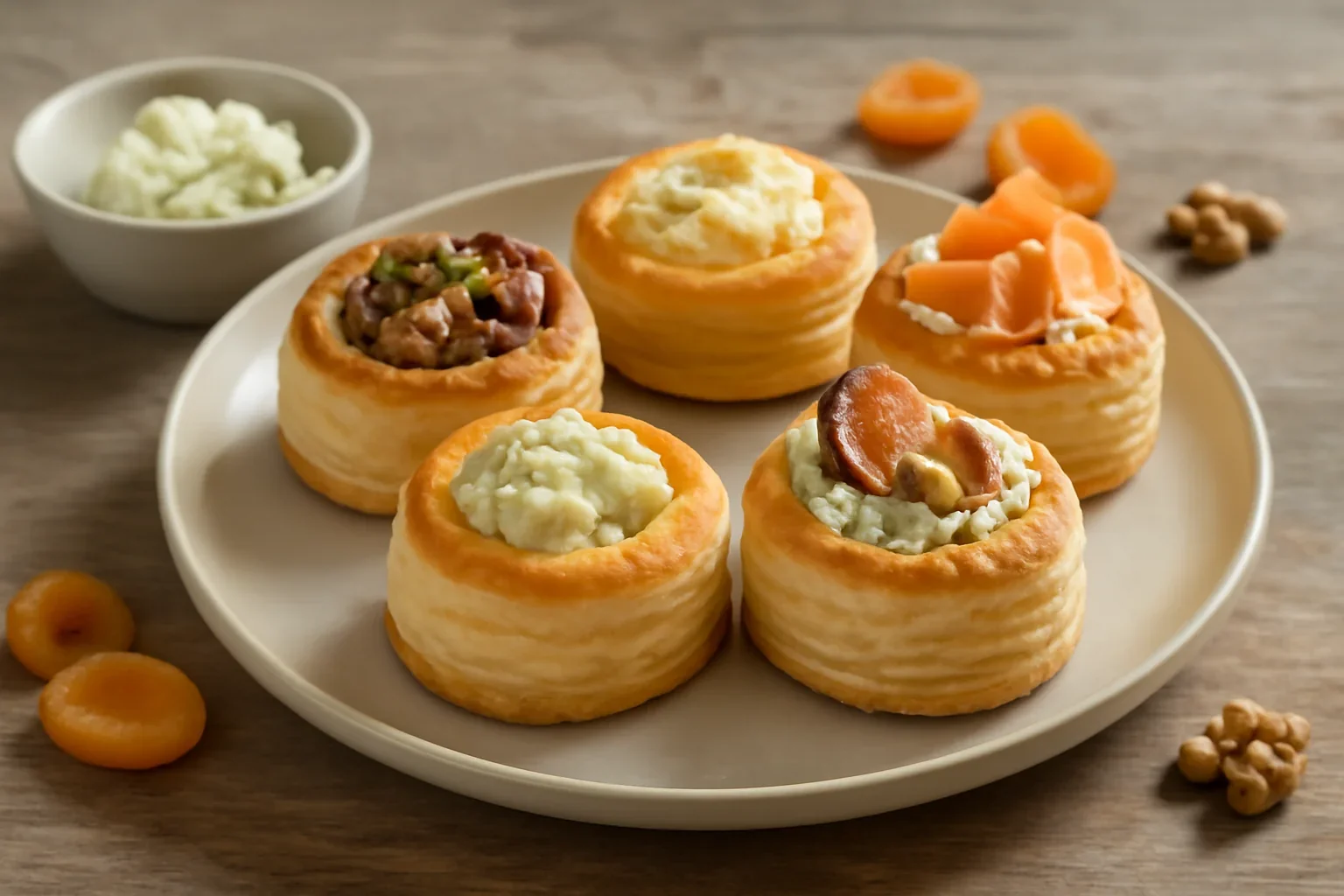 Vol au vent umplute în 5 variante. Foietaj cu ciuperci, cu sos de cașcaval, cu somon afumat sau cu cremă de brânză