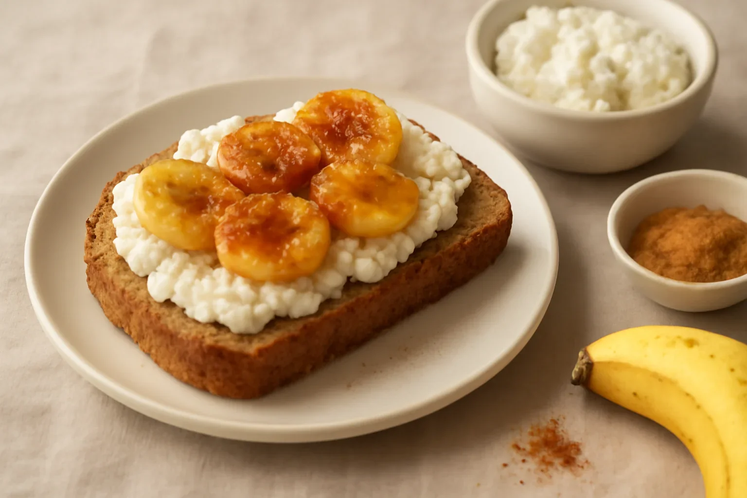 Pâine cu banane caramelizate și brânză de vaci