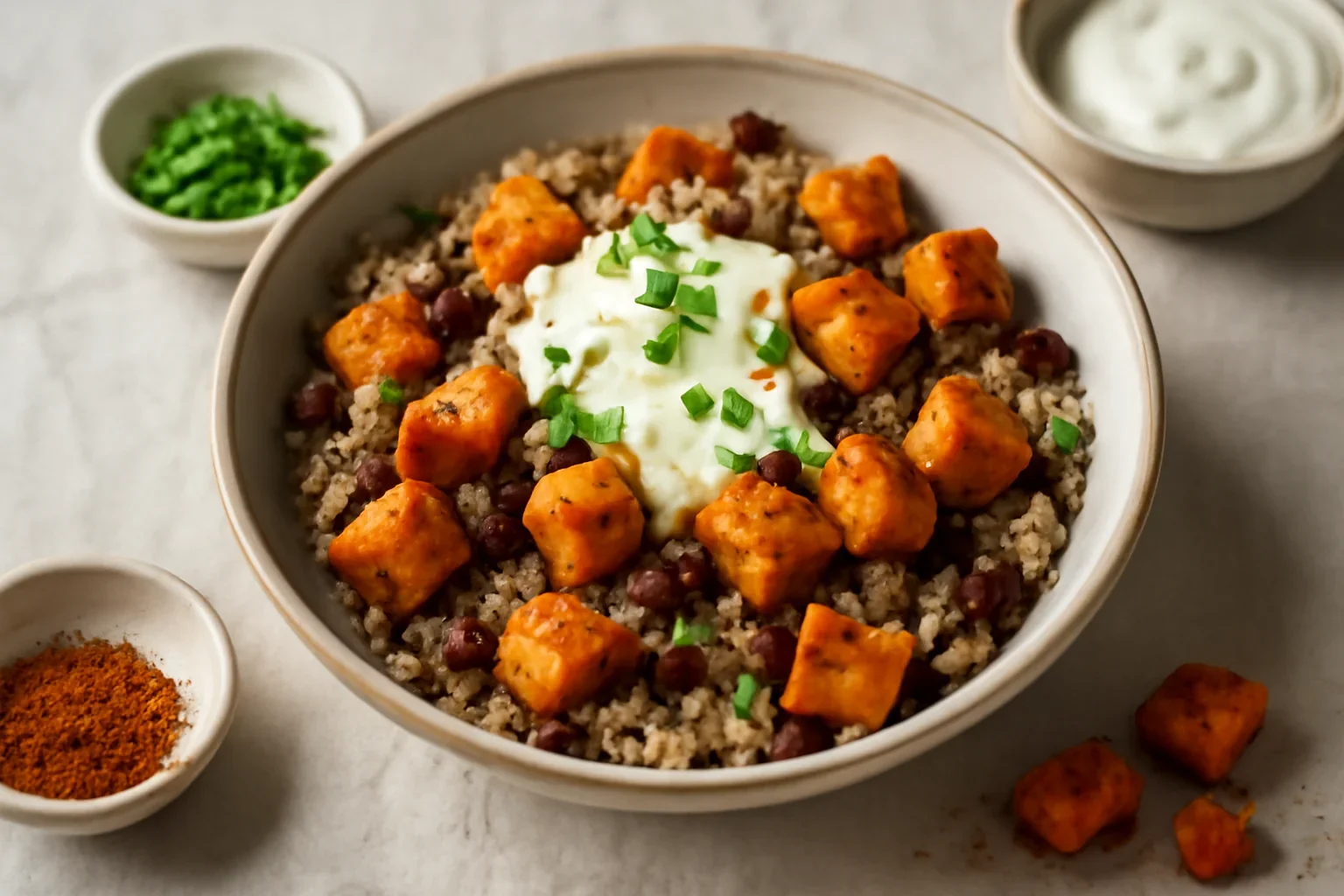Salată cu quinoa, cartof dulce la cuptor și dressing