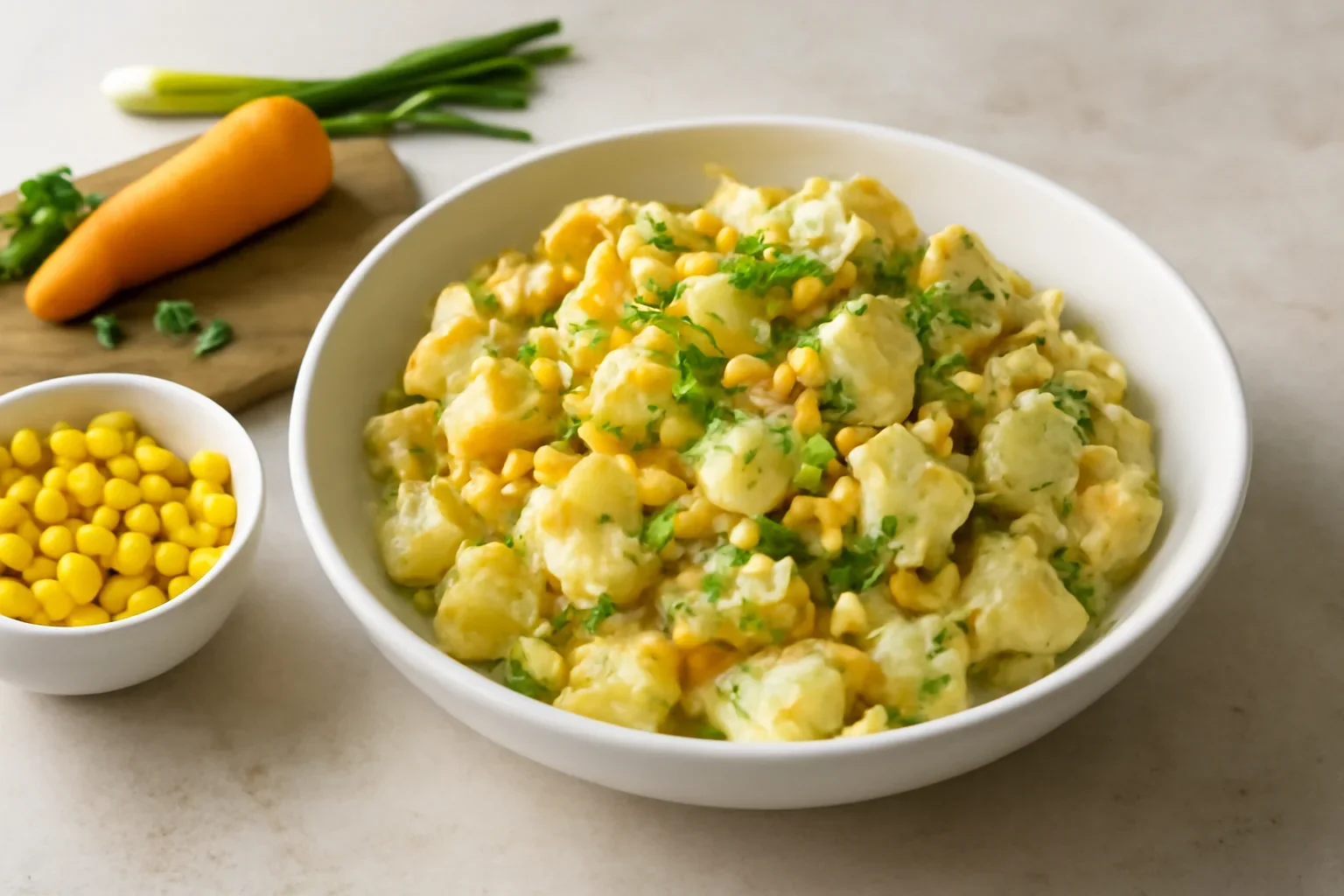 Salata de cartofi copti cu porumb, ceapa si morcov