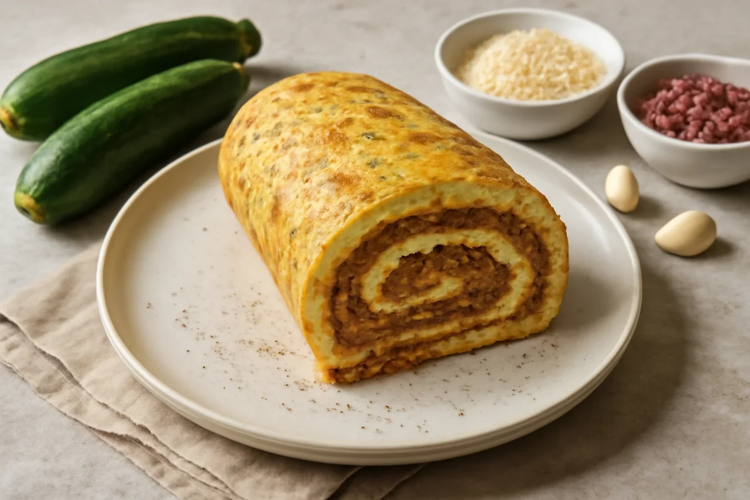 Rulada din omleta cu dovlecei, carne tocata si cascaval