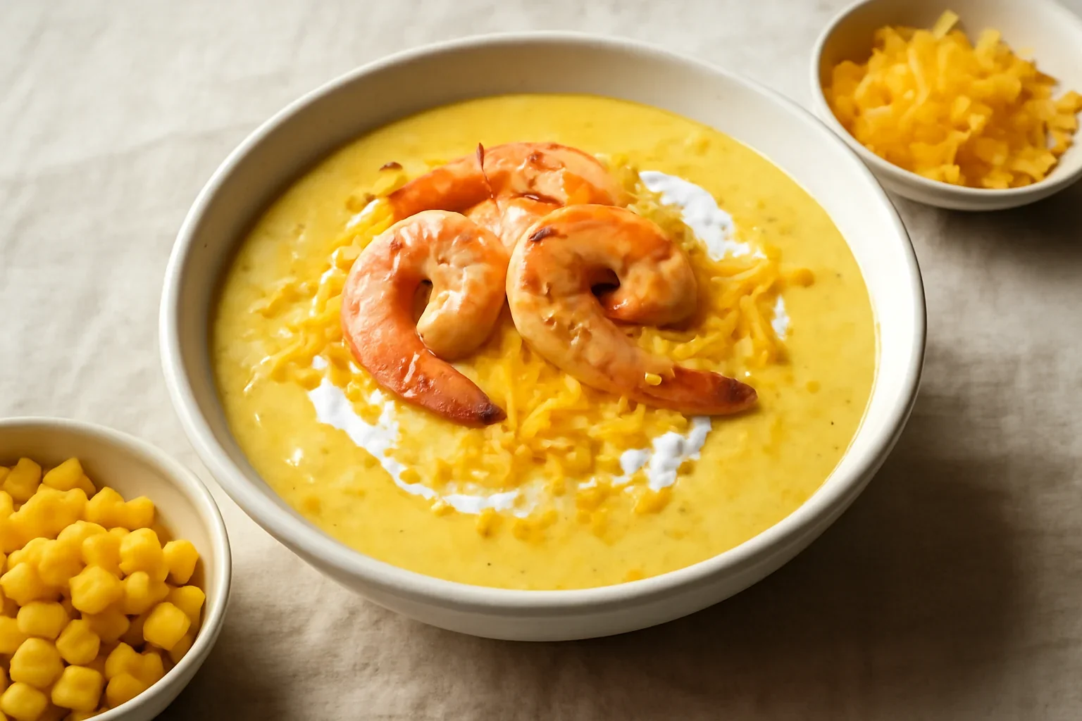 Supă cremă de porumb cu Cheddar și creveți