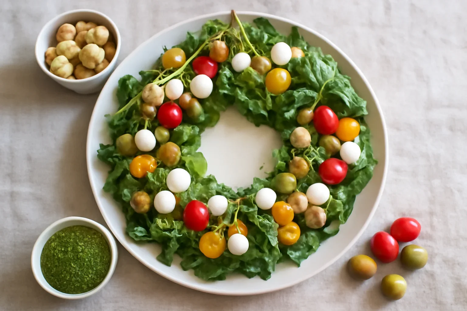 Salata Coroniță de Crăciun, cu brânză, roșii și pesto – rețetă video