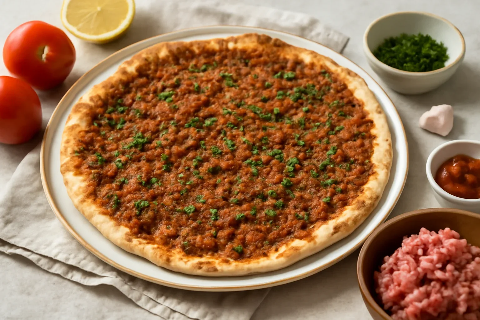 Lahmacun / pizza turceasca cu carne tocata