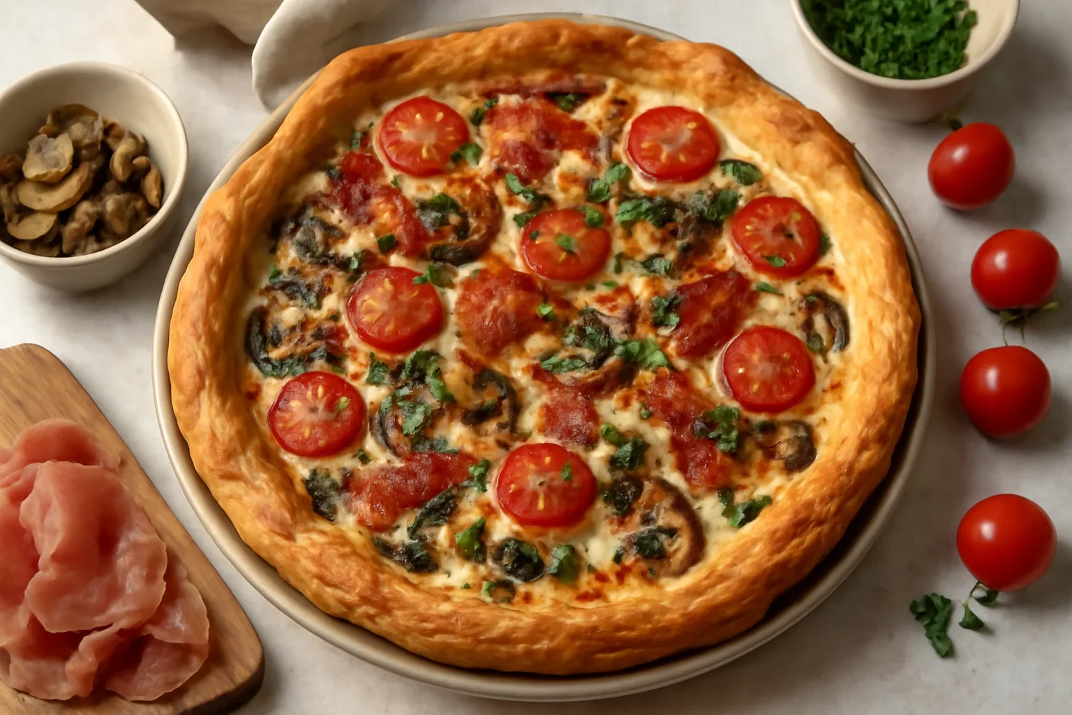 Quiche cu brânză, ciuperci și roșii – rețeta de tartă sărată cu foietaj