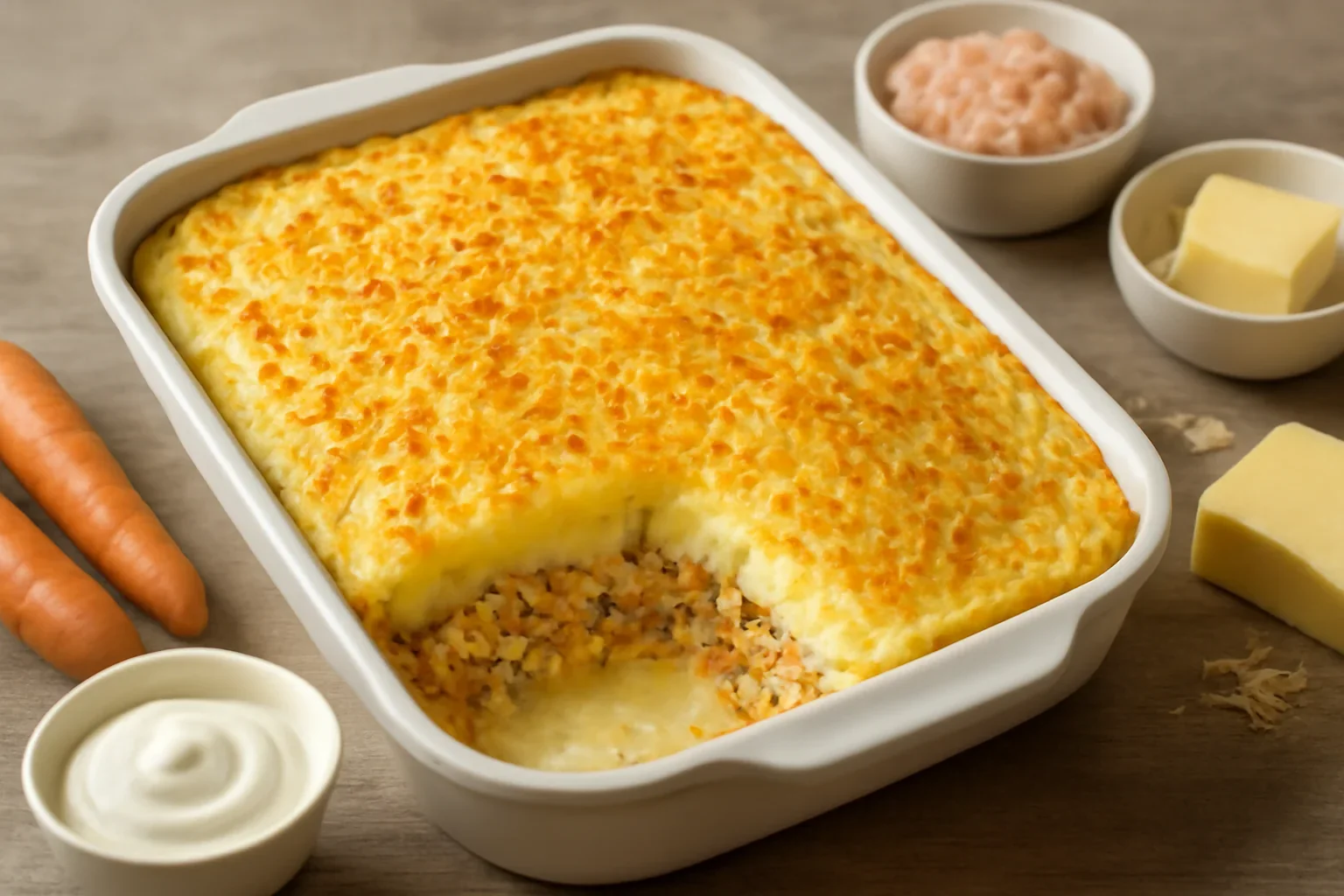 Musaca de cartofi piure cu carne tocata de pui, reteta simpla