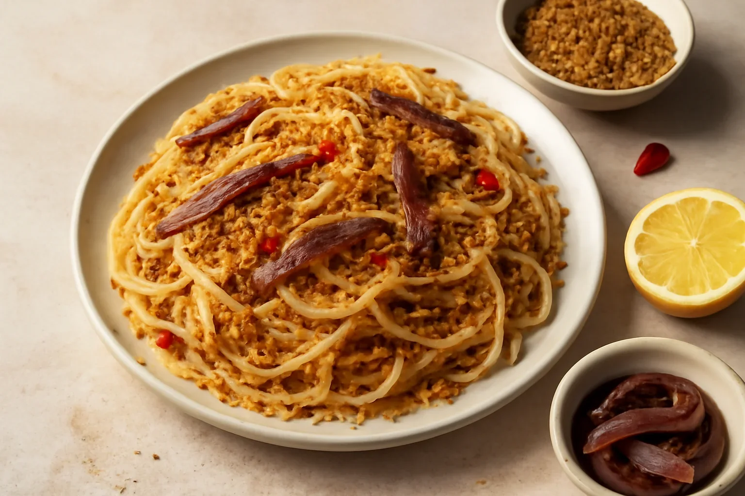 Spaghete cu ansoa si pesmet