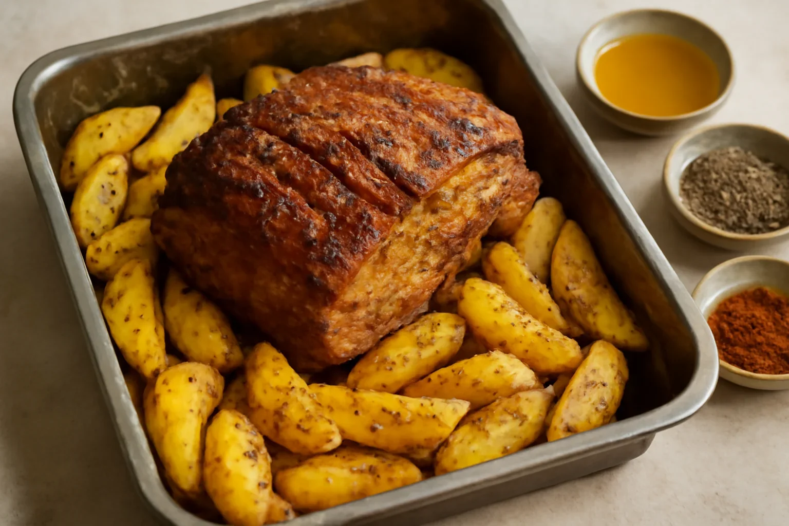 Friptură simplă de porc cu cartofi la cuptor rețeta de pulpă de porc cu șoric la tavă