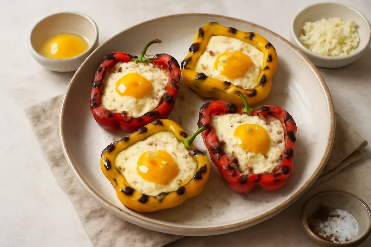 Ardei gras pe gratar, umplut cu ou si mozzarella