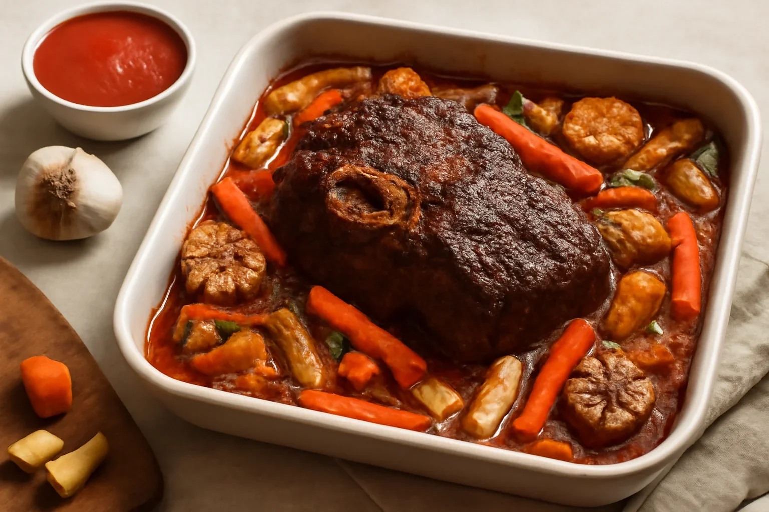 Friptura inabusita de vita cu sos de vin, rosii si legume la cuptor