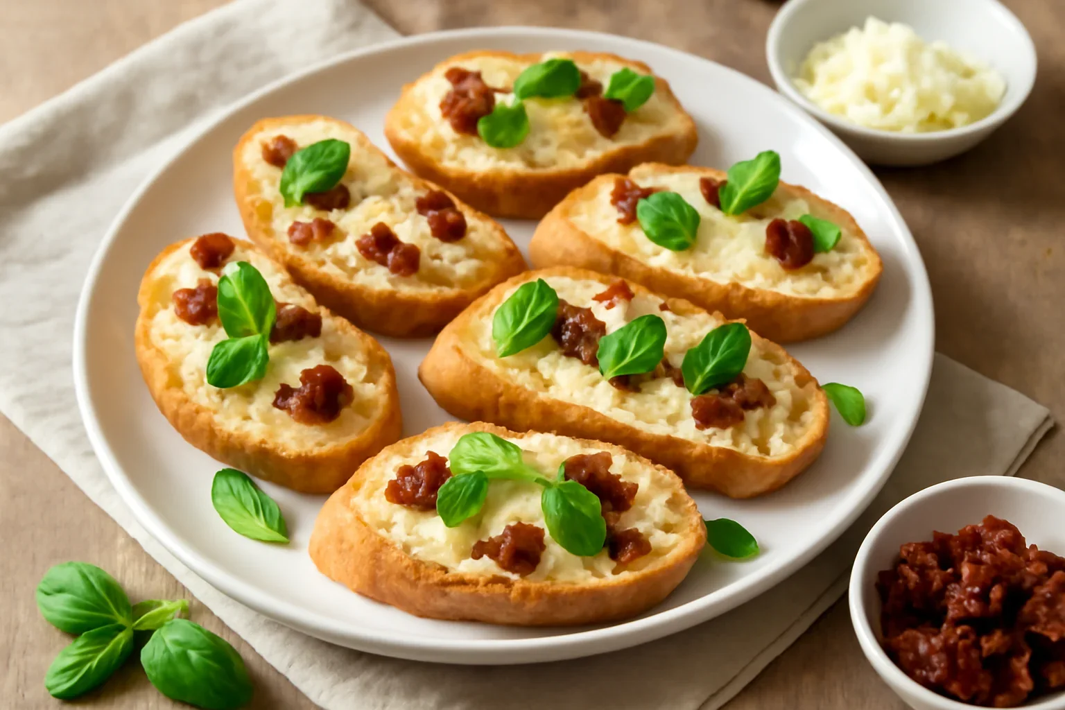 Bruschette cu rosii, usturoi, mozzarella si busuioc