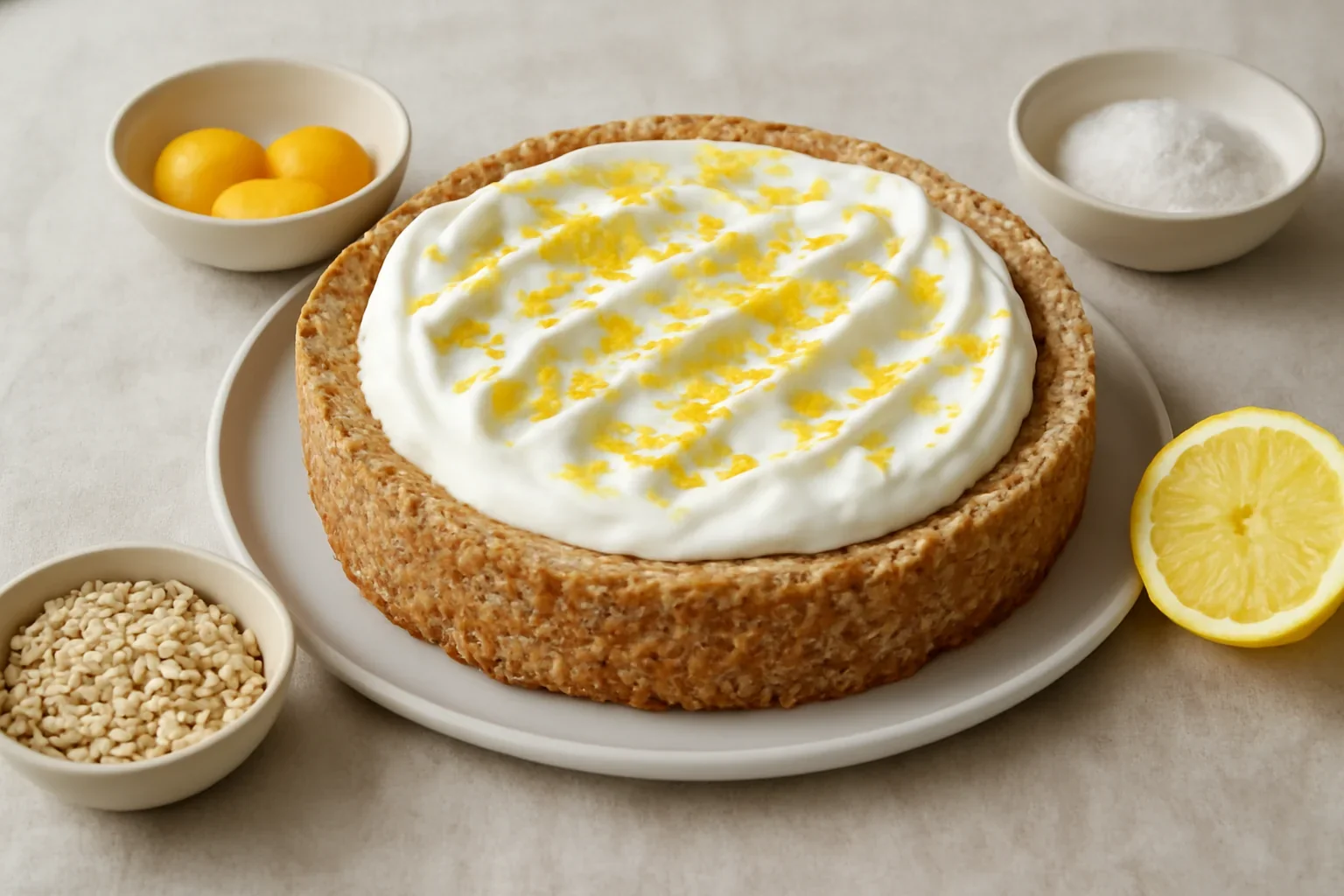 Tarta cu blat din fulgi de ovaz, lamaie si lapte condensat