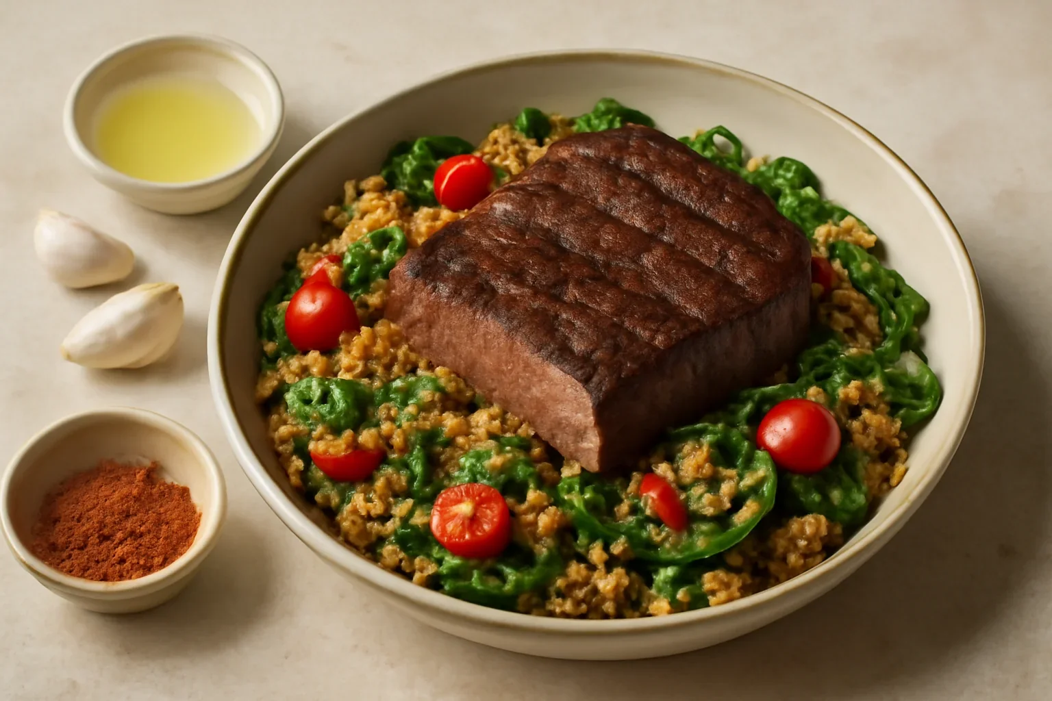Friptură de vită cu quinoa și spanac
