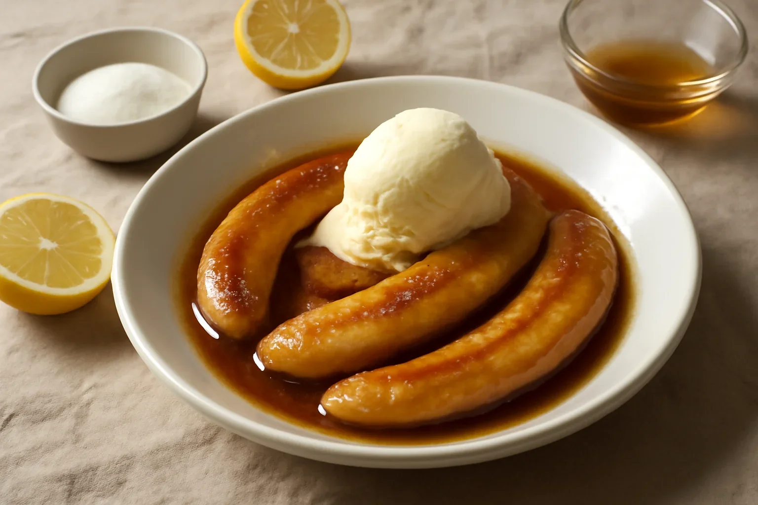 Banane flambate, cu unt, lamaie, portocala, inghetata, reteta franceza