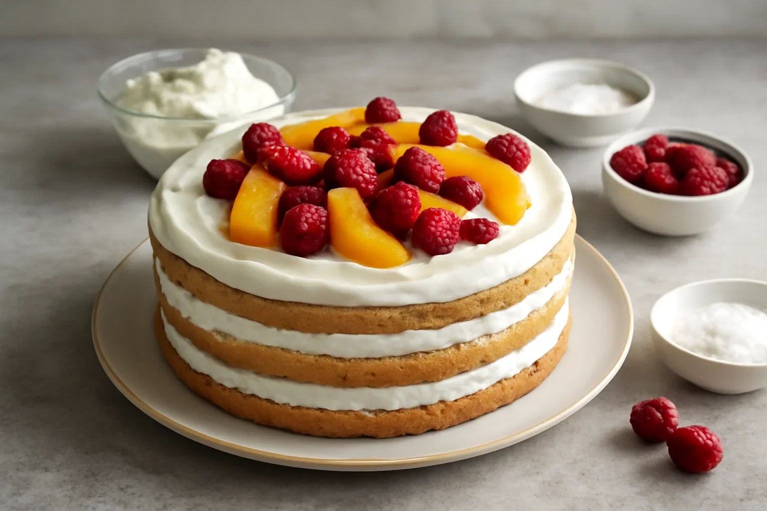 Tort cu mascarpone cu piersici și zmeură – rețetă pas cu pas