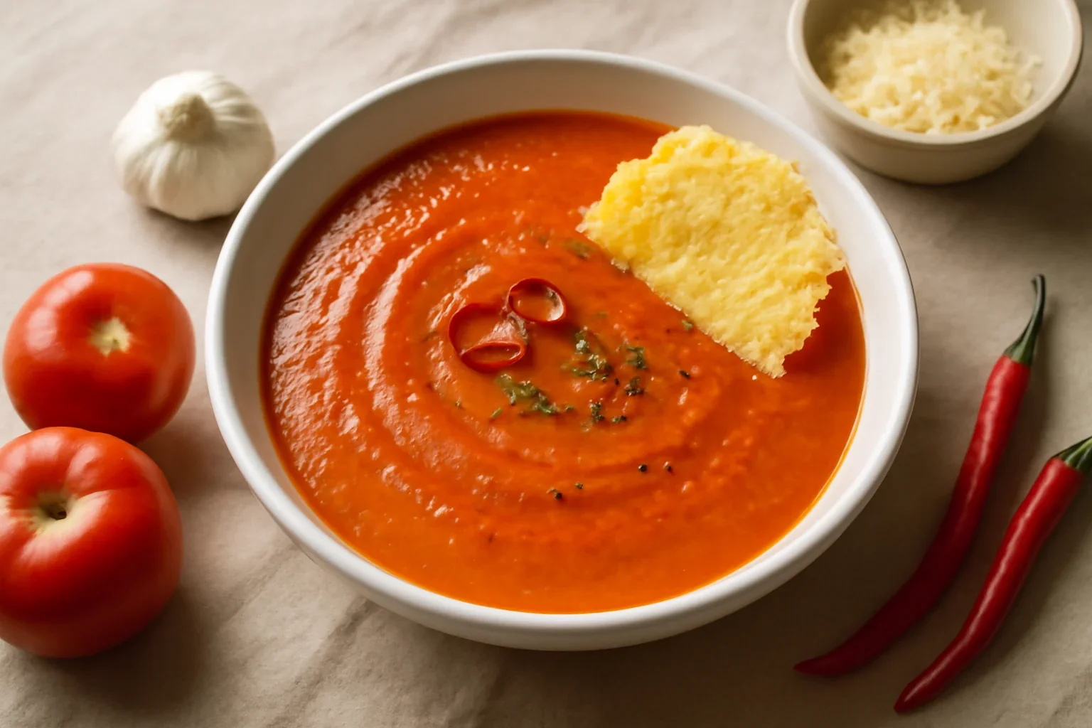 Supă cremă de roșii coapte cu chips de parmezan