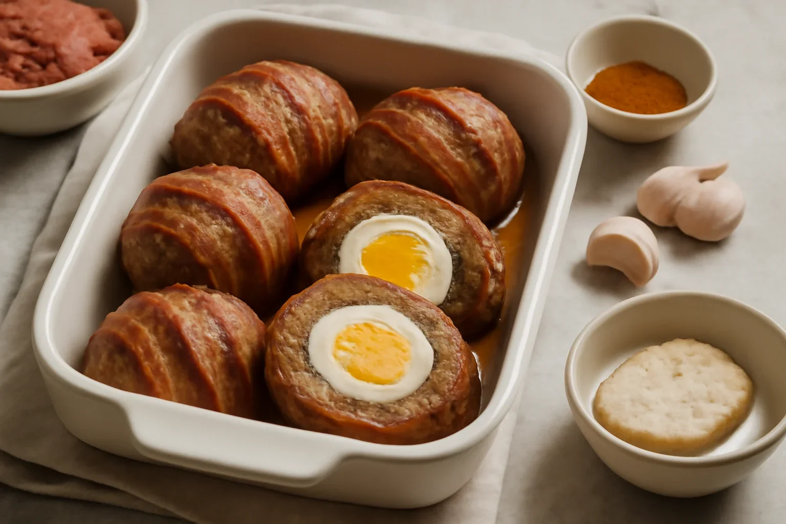 Chiftele umplute cu ou la cuptor Scotch Eggs
