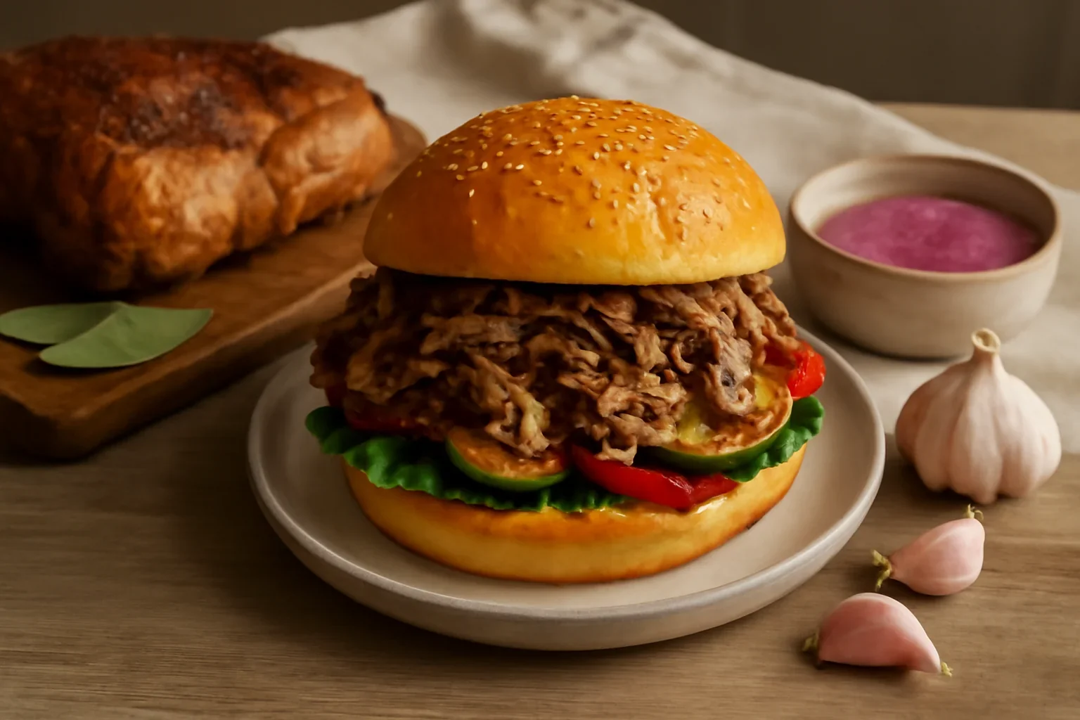 Burger cu friptura de porc, legume si chifle de casa