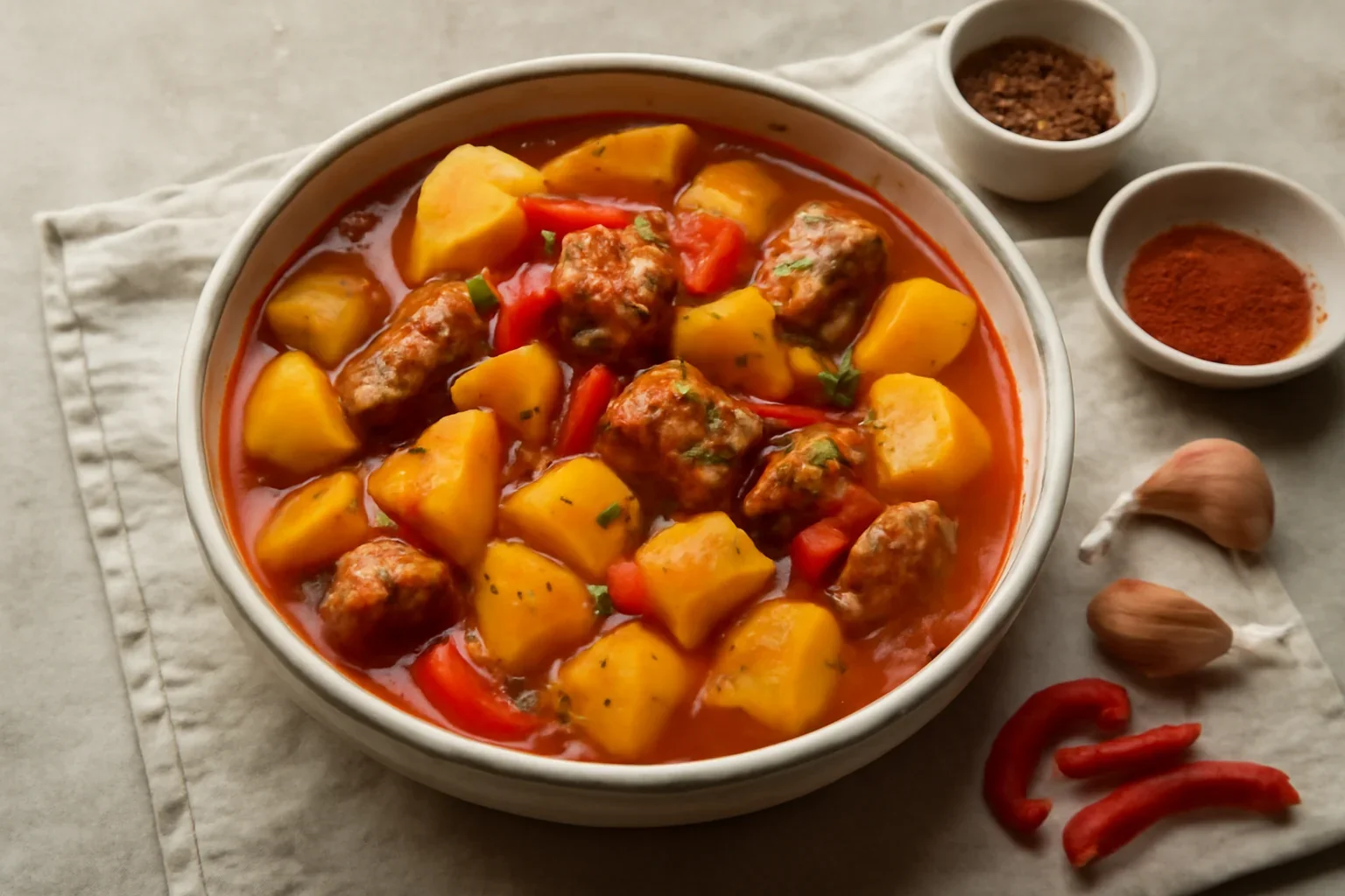 Mancare de cartofi cu carne de porc reteta de tocanita cu ceapa, usturoi si sos de rosii
