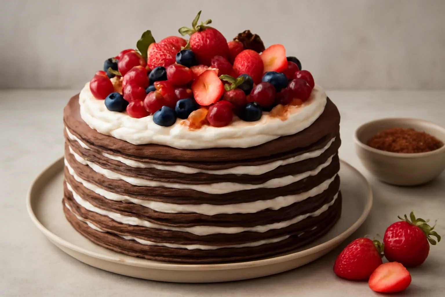 Tort de clătite cu ciocolată, fructe, frișcă și mascarpone sau cremă de brânză – Tort Mozaic