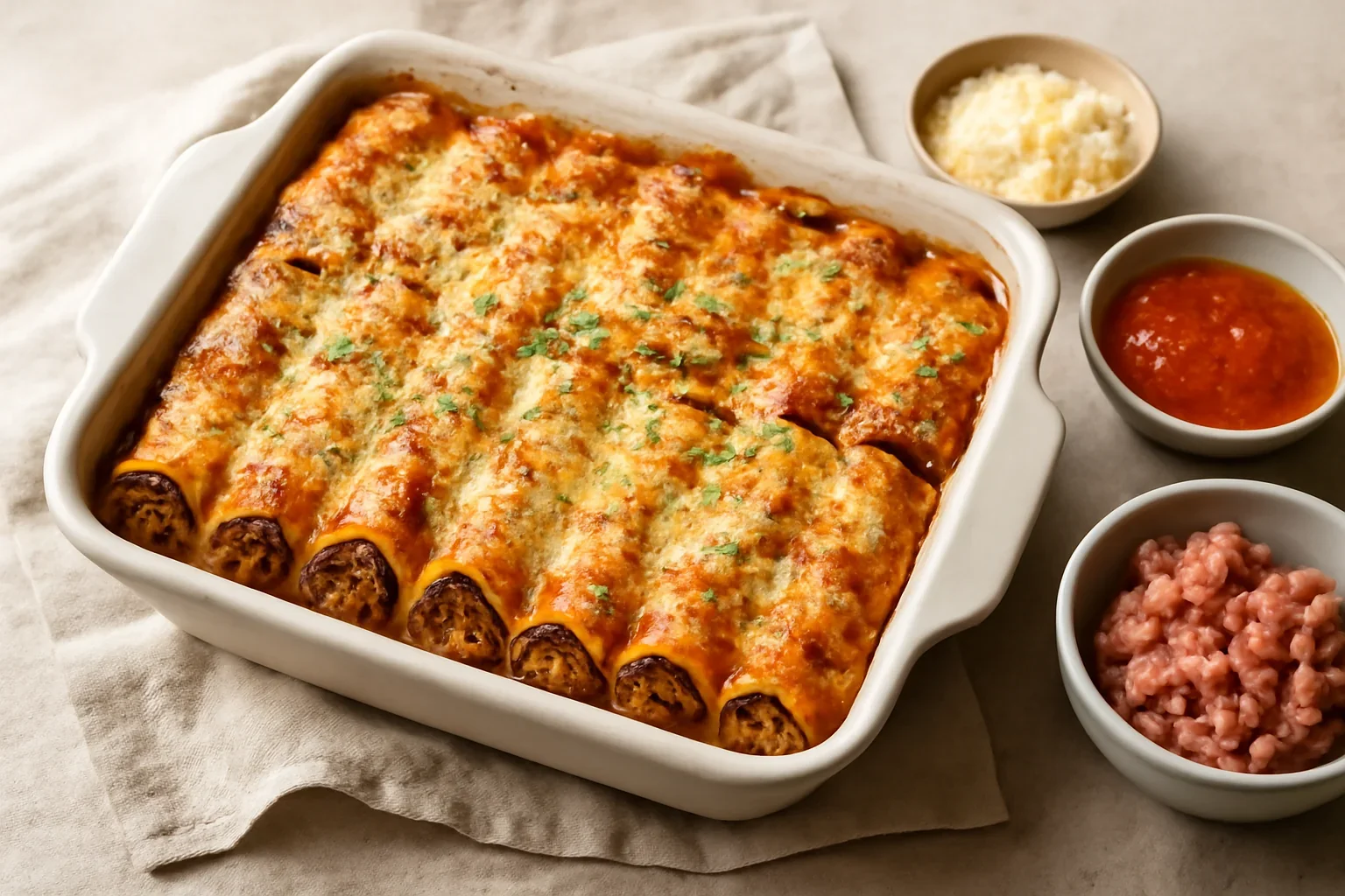 Cannelloni cu carne tocată și sos de roșii gratinați la cuptor